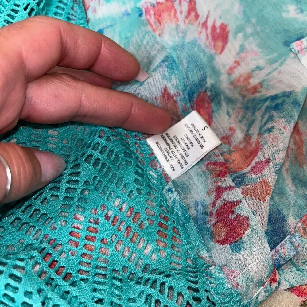 Miken Swim coverup open front single tassel tie dyed wide sleeve wide SZ SM teal